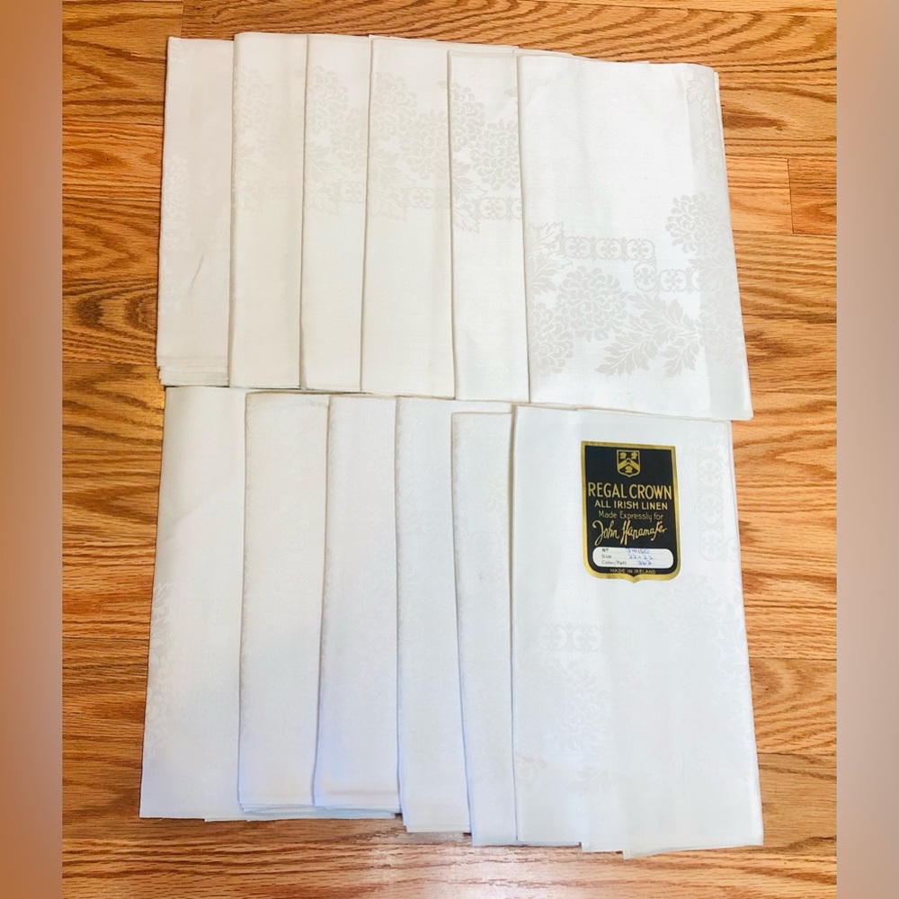 NEW 12 All Pure Irish Linen Dinner Napkins White Regal Crown Damask Floral 22"